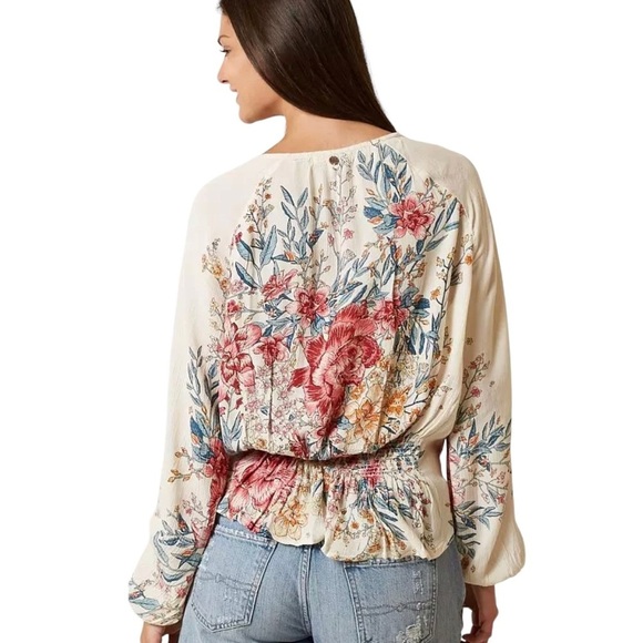 Billabong Play Day Women Cream Floral Long Sleeve Scoop Neck Crinkle Top Sz Sm - Picture 2 of 15